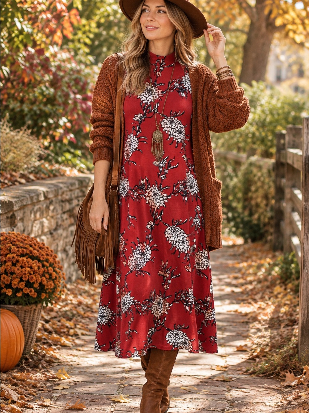 Pink Rose Red Floral Maxi Dress with White Blossom Print Medium